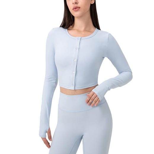 跃牌【欲动春风】系列 莱卡长袖纽扣开衫亲肤高弹紧身运动t恤跑步健身上衣24369 商品图4