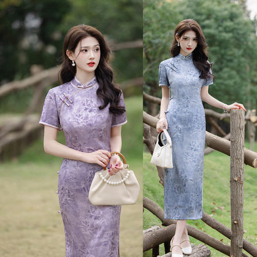 复古国风，绸缎提花短袖旗袍GX-21995 商品图0