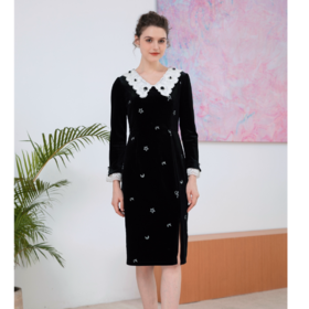 司歌金丝绒刺绣连衣裙长袖弹力收腰秋冬A901008X