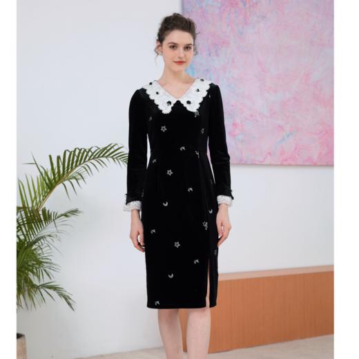 司歌金丝绒刺绣连衣裙长袖弹力收腰秋冬A901008X 商品图0