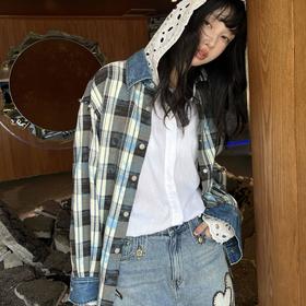 顺丰包邮洛诗琳40911春季新款美式复古格子拼接牛仔休闲衬衫479