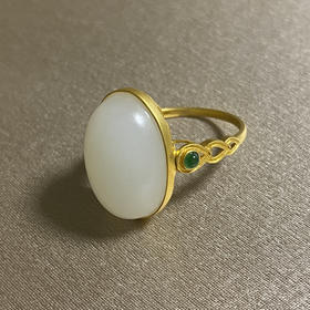 18K古法黄金和田玉俄料（白玉）蛋面戒指/蛋面13*18mm/伴镶翡翠（戒圈请留言备注）