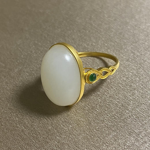 18K古法黄金和田玉俄料（白玉）蛋面戒指/蛋面13*18mm/伴镶翡翠（戒圈请留言备注） 商品图0