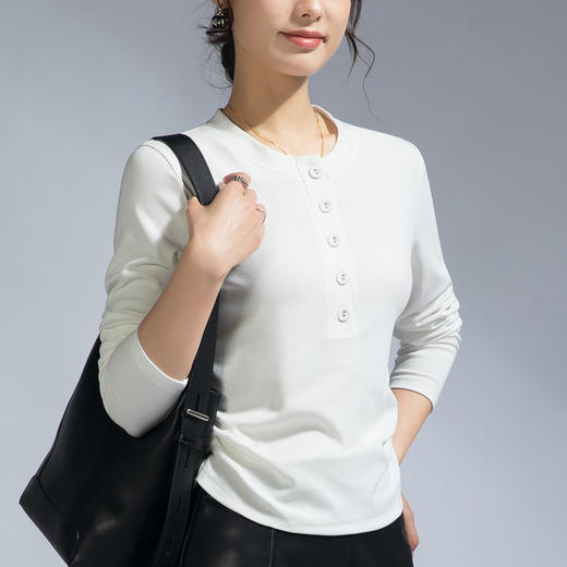 丁摩 春季女装长袖T恤女新款修身打底衫打褶圆领纽扣休闲女式t小衫5ZF-M655 商品图2