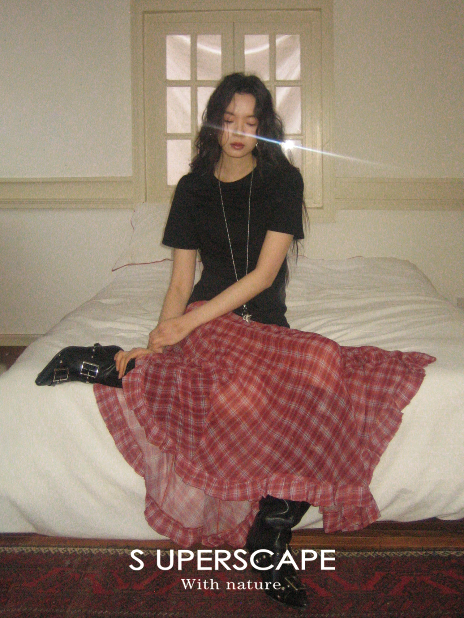 素舶 复古两色格纹中腰不规则木耳边下摆中长雪纺半裙