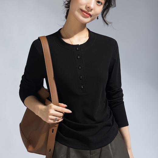 丁摩 春季女装长袖T恤女新款修身打底衫打褶圆领纽扣休闲女式t小衫5ZF-M655 商品图6