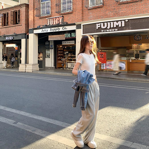 <曾小咸推荐>韩系慵懒风2色条纹休闲裤 商品图1