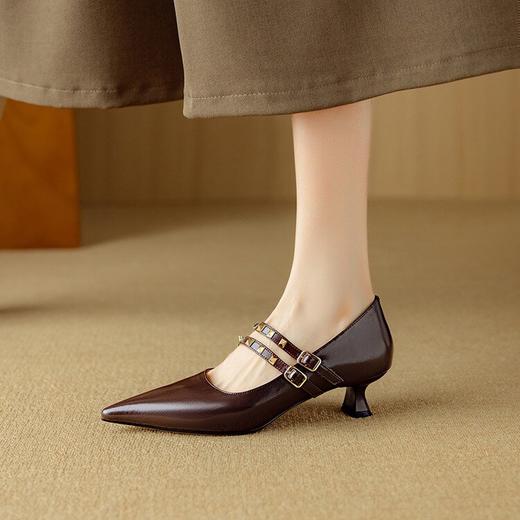 【预售5天】英伦风双条带小猫跟尖头浅口高跟鞋牛皮里外全皮时尚单鞋DB&M6167 商品图1