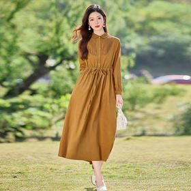 HR-SYY2663文艺气质连衣裙2025女式春季新款长袖时尚收腰显瘦娃娃领中长裙