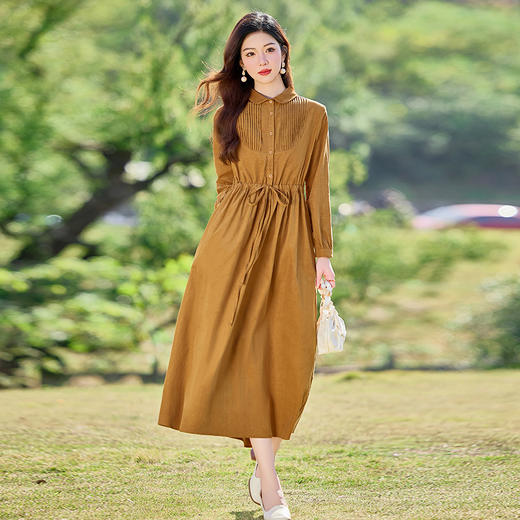 HR-SYY2663文艺气质连衣裙2025女式春季新款长袖时尚收腰显瘦娃娃领中长裙 商品图0