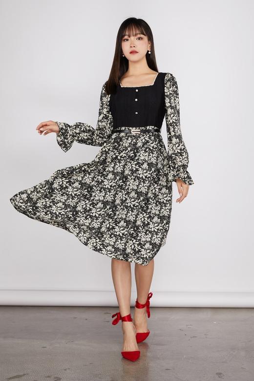 ANSUABEL 珍珠装饰针织碎花收腰连衣裙 11475 商品图0