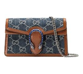 GUCCI古驰 Dionysus 酒神 虎头扣老花Logo 牛仔布拼皮革 链条包斜挎单肩包 超迷你 女款 灰蓝色/棕色