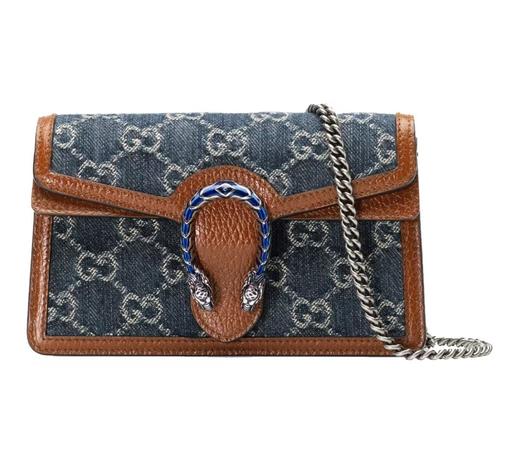 GUCCI古驰 Dionysus 酒神 虎头扣老花Logo 牛仔布拼皮革 链条包斜挎单肩包 超迷你 女款 灰蓝色/棕色 商品图0