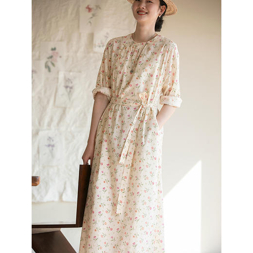 牧衣游原创80支精细长绒棉印花连衣裙宽松圆领文艺碎花裙 一杯雾 商品图1