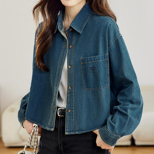 馥迦刺绣口袋做旧复古牛仔外套 商品图5