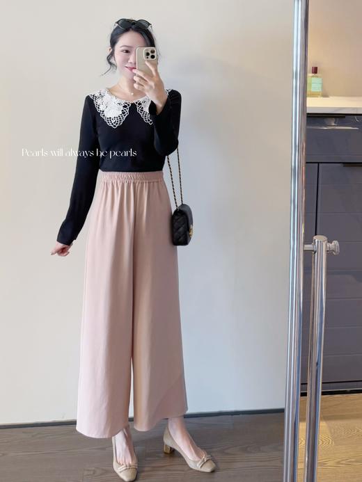 花之物语 定制精致水溶蕾丝花边点缀于衣领 修身显瘦微微喇叭袖设计T恤 黑色 商品图2