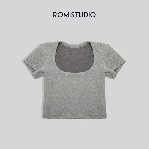 ROMI STUDIO【luxy系列】百搭修身极简风 石墨灰方领纯色t恤T3330 商品图0