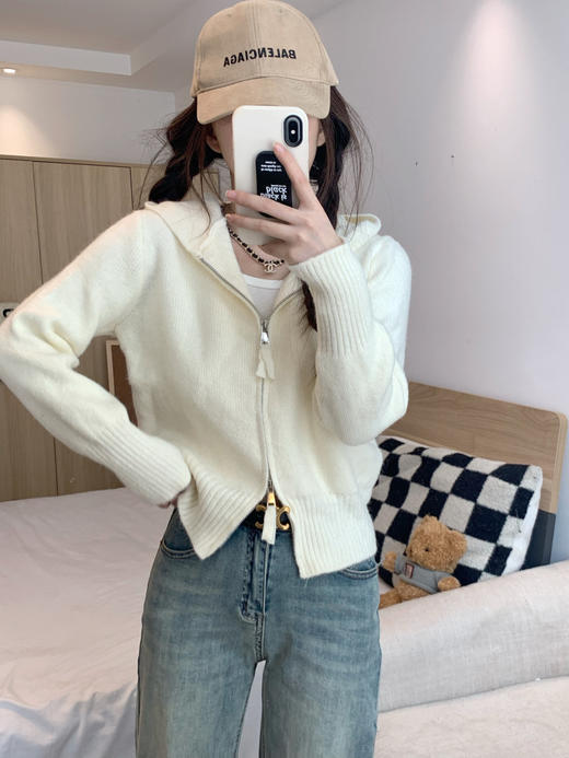 早春秋【纯欲风针织开衫】新款双头拉链长袖 修身显瘦短款上衣 连帽开衫 商品图7