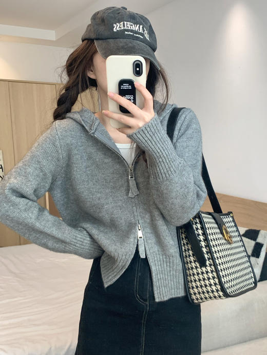 早春秋【纯欲风针织开衫】新款双头拉链长袖 修身显瘦短款上衣 连帽开衫 商品图5