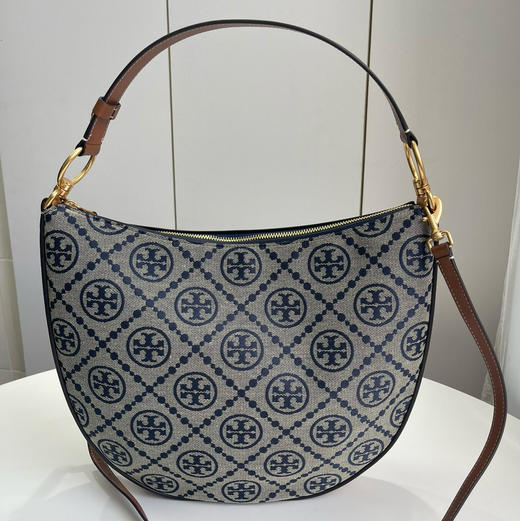 TORY BURCH T Monogram 老花满印可拆卸肩带编织 提花皮革饰边 新月包单肩斜挎手提包 迷你 女款 海军蓝（CB） 商品图1
