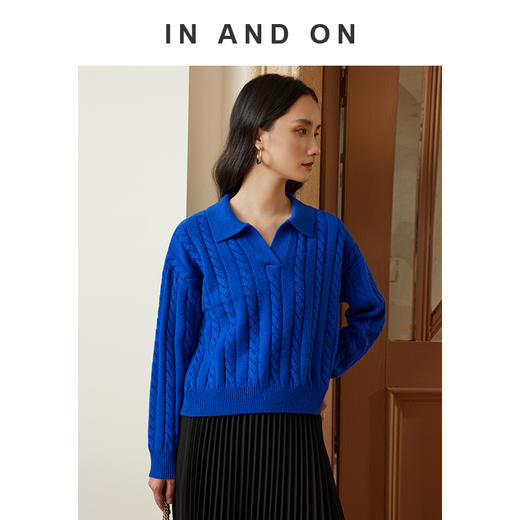 自然宠溺 100%羊毛V领翻领绞花毛衣 商品图6