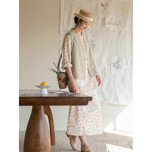 牧衣游原创80支精细长绒棉印花连衣裙宽松圆领文艺碎花裙 一杯雾 商品图2