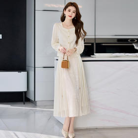 HR-HBLJRA971-6新款收腰气质显瘦长裙套装2025春季新款方领衬衫百褶半身裙两件套