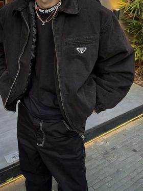 P家 24fw 重磅水洗做旧深棕褐色丹宁水洗牛仔棉服翻领bomber夹克