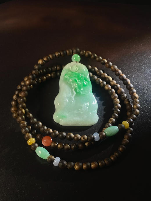 XY0054原创沉香+翡翠荷叶鱼套链 商品图2