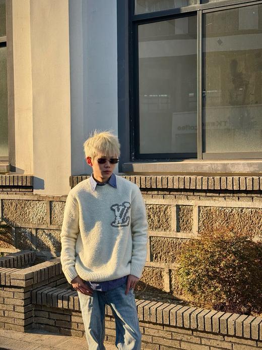 驴家 25ss嵌花镜像米白圆领羊毛耗牛毛套头毛衣 商品图4