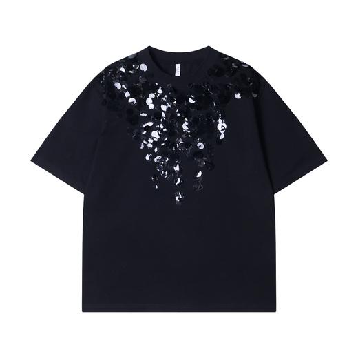 早春新款时尚个性韩版纯色亮片圆领短袖T恤痞帅百搭潮流套头上衣 商品图1