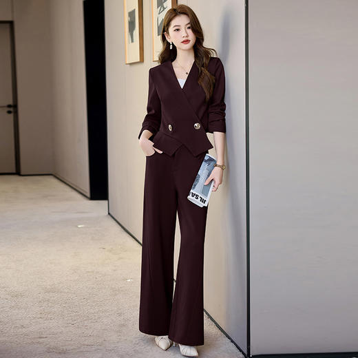 HR-HBLJRA1081时尚两件套裤2025春季新款女装OL气质通勤优雅V领阔腿裤休闲套装 商品图3
