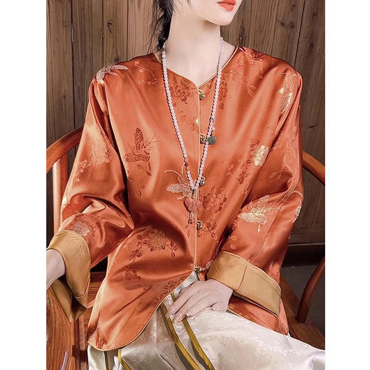 丁摩 【24姆米重磅真丝】100%桑蚕丝 金蝶恋花新中式真丝刺绣国风外套女F5101 商品图0