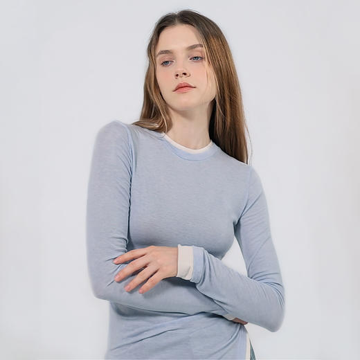 【2件9折】【Petit Bari】(多色)不对称假两件显瘦开衩T恤长袖设计感舒适亲肤 商品图0