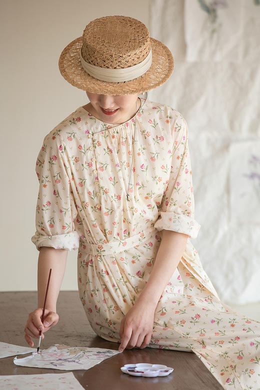 牧衣游原创80支精细长绒棉印花连衣裙宽松圆领文艺碎花裙 一杯雾 商品图5