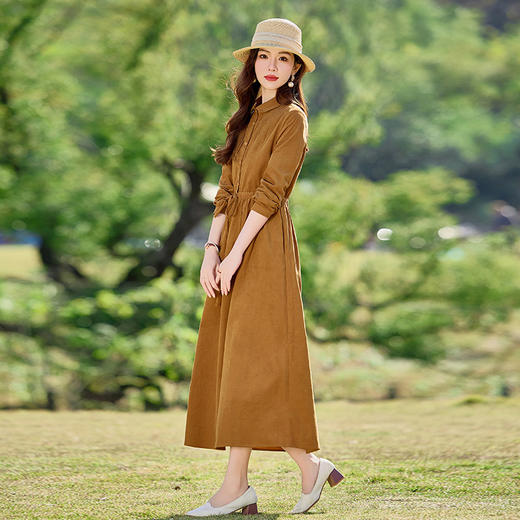 HR-SYY2663文艺气质连衣裙2025女式春季新款长袖时尚收腰显瘦娃娃领中长裙 商品图2