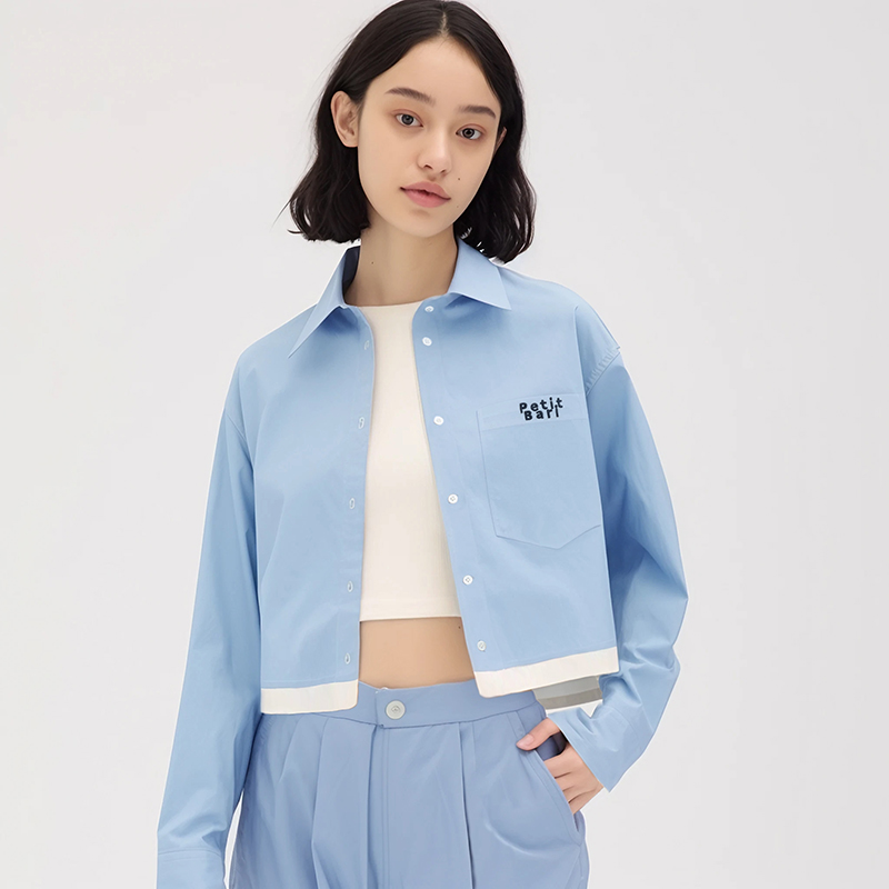 【2件9折】【Petit Bari】刺绣双色拼接假两件长袖衬衫叠穿风休闲百搭