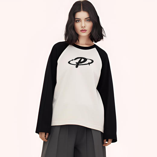 【2件9折】【Petit Bari】星际毛巾绣插肩宽松女士长袖T恤设计感百搭 商品图0