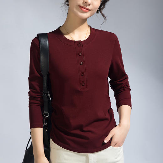 丁摩 春季女装长袖T恤女新款修身打底衫打褶圆领纽扣休闲女式t小衫5ZF-M655 商品图1