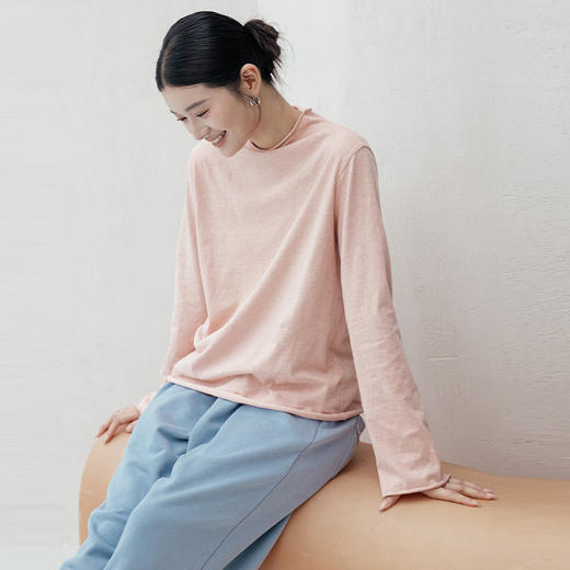 绽放842朵/二喜打底衫早秋微喇袖半高领显瘦宽松花纱纯棉长袖T恤 商品图0