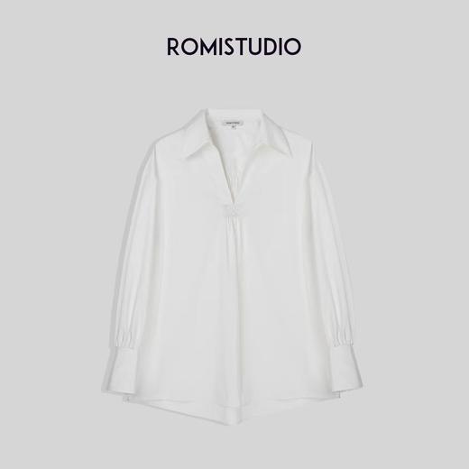ROMI STUDIO【高品质】法式简约轻奢立裁廓形V翻领白色衬衣T2769 商品图0