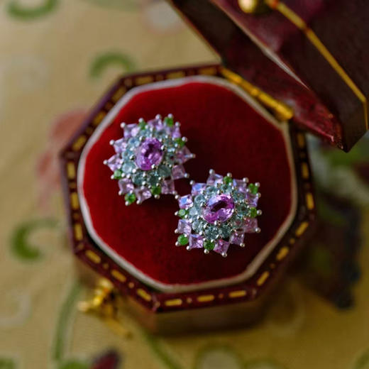 龢盒原创 粉蓝配色群镶宝石耳钉 商品图1