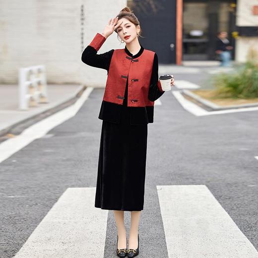 新中式国风连衣裙套装，盘扣提花马甲丝绒长裙两件套HR-ASLZ9657 商品图1