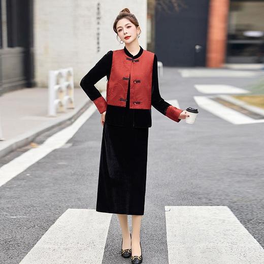 新中式国风连衣裙套装，盘扣提花马甲丝绒长裙两件套HR-ASLZ9657 商品图2