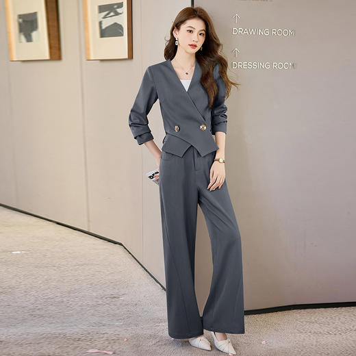 HR-HBLJRA1081时尚两件套裤2025春季新款女装OL气质通勤优雅V领阔腿裤休闲套装 商品图2