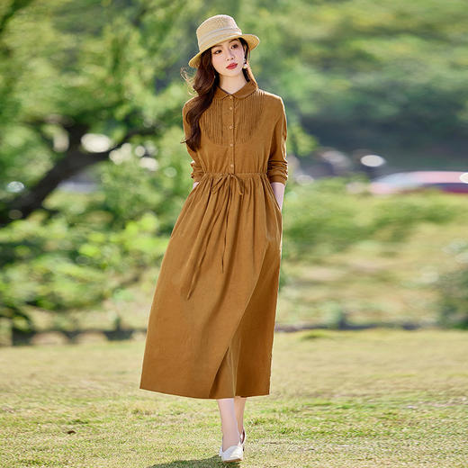 HR-SYY2663文艺气质连衣裙2025女式春季新款长袖时尚收腰显瘦娃娃领中长裙 商品图3