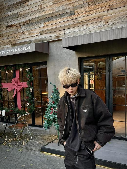 P家 24fw 重磅水洗做旧深棕褐色丹宁水洗牛仔棉服翻领bomber夹克 商品图5