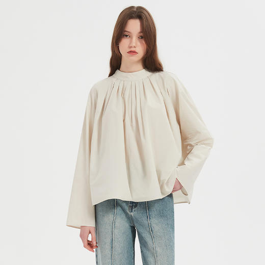 【2件9折】【Petit Bari】(多色)简约小立领褶皱长袖衬衫女士设计感时尚衬衫 商品图0