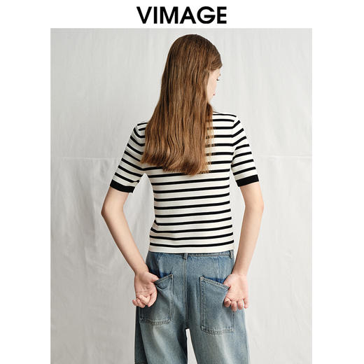 VIMAGE纬漫纪经典复古黑白条纹修身针织衫2025春季新款V2301908 商品图4