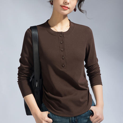 丁摩 春季女装长袖T恤女新款修身打底衫打褶圆领纽扣休闲女式t小衫5ZF-M655 商品图3